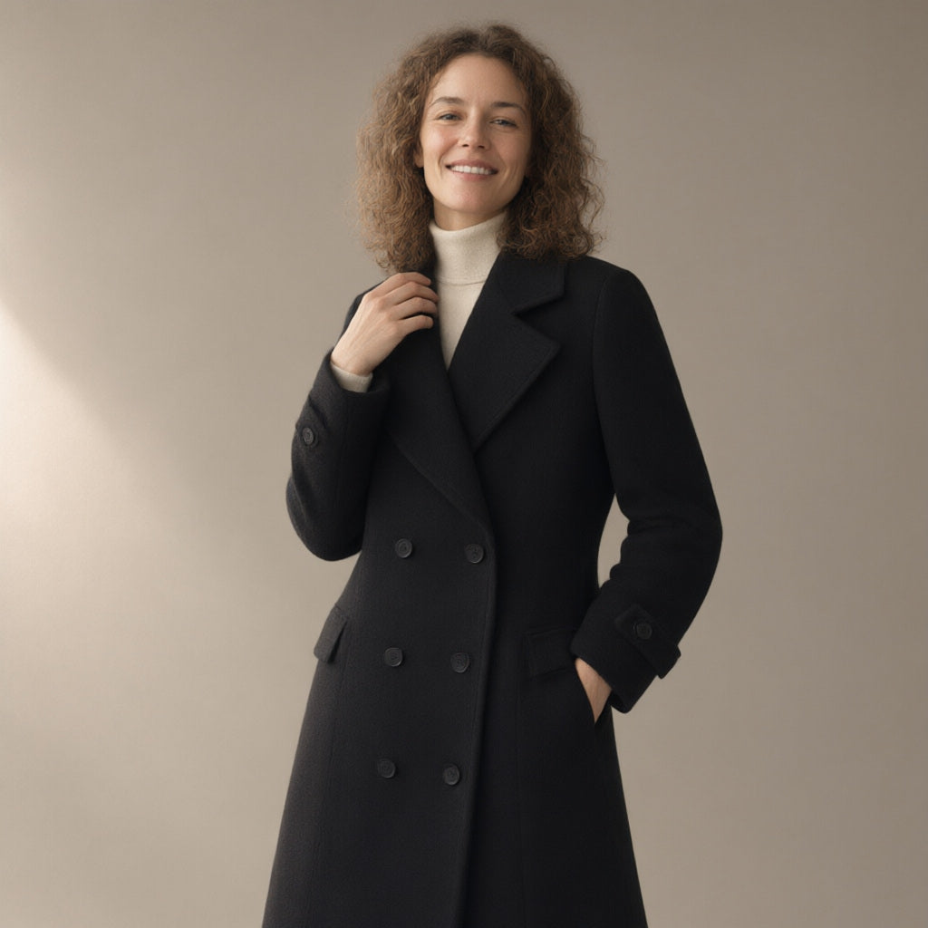 Woman wearing the long double-breasted coat, tailored collar – black, three-quarter view, studio