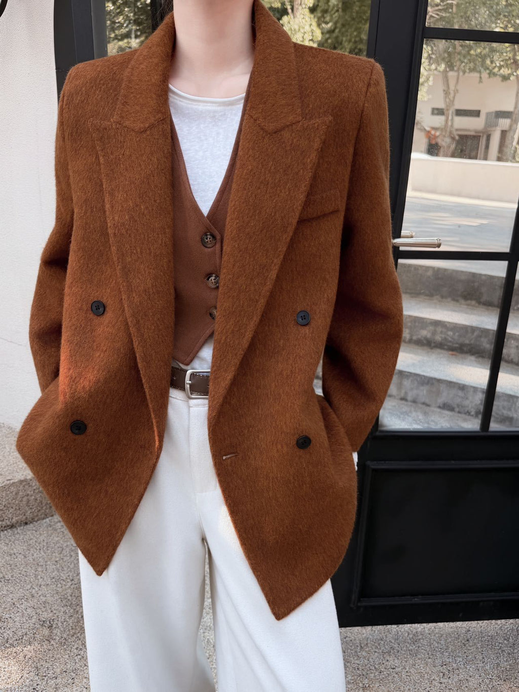 Women's Double-Breasted Wool Coat, 70% Wool in caramel, front