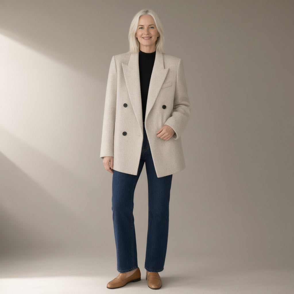 Woman wearing the double-breasted wool coat, 70% wool, full length, studio