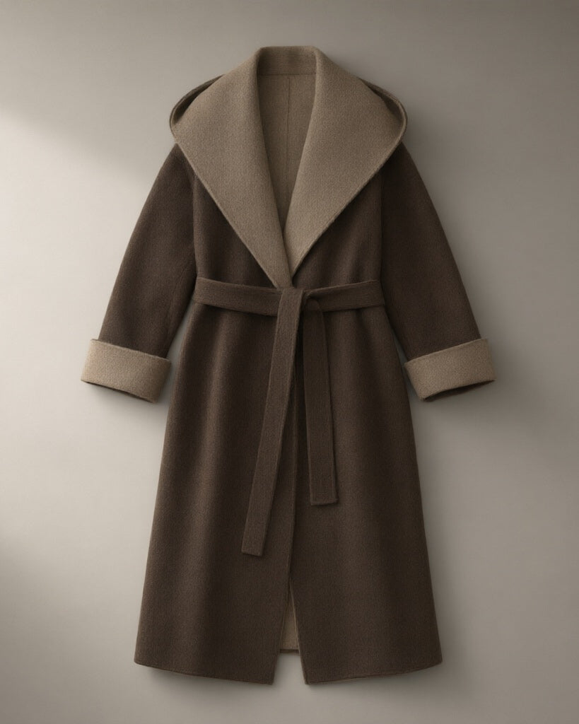 Women’s Double-Faced Wool Wrap Coat, Hooded Tie-Belt, laid flat on a stone backdrop