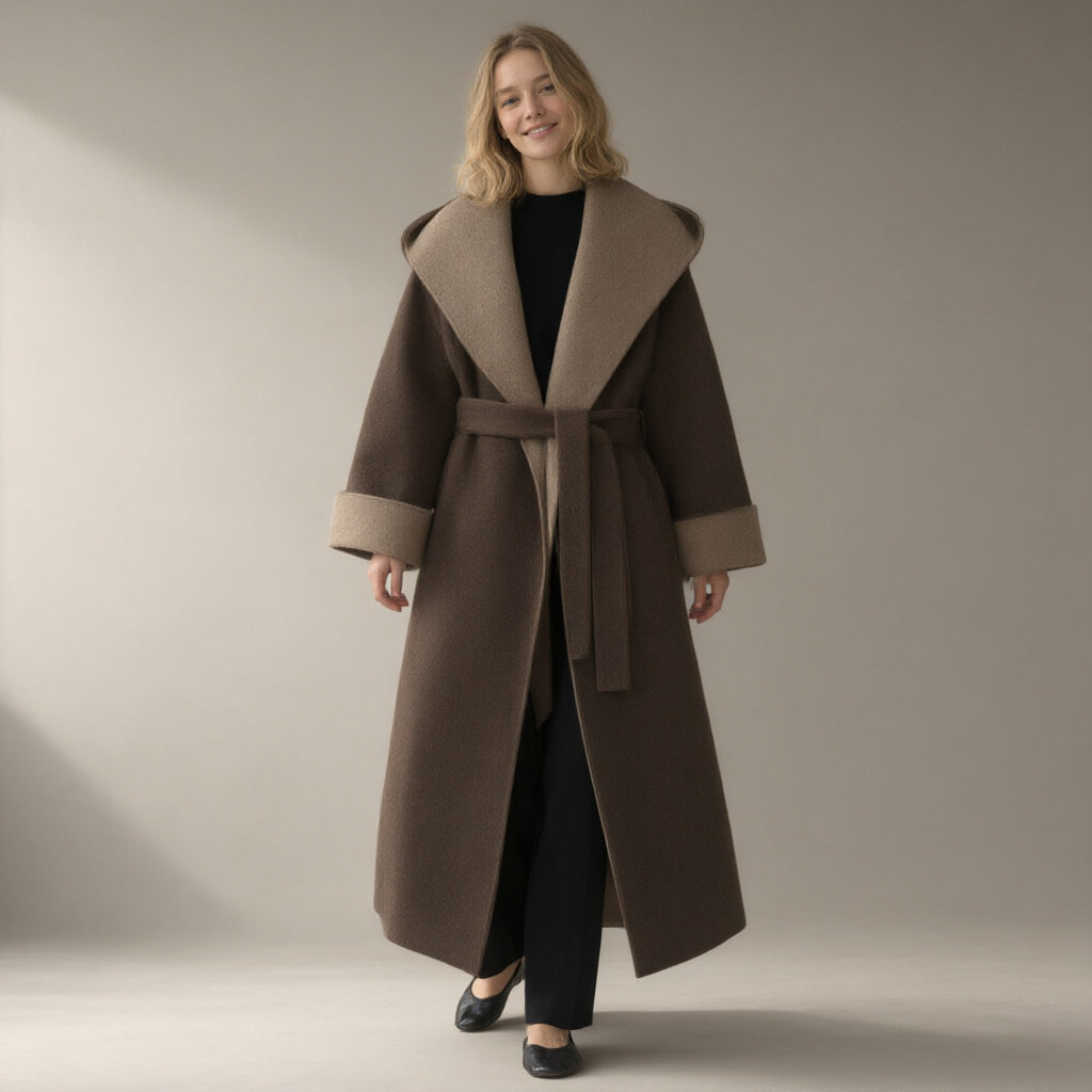 Woman wearing the double-faced wool wrap coat, hooded tie-belt, full length, studio