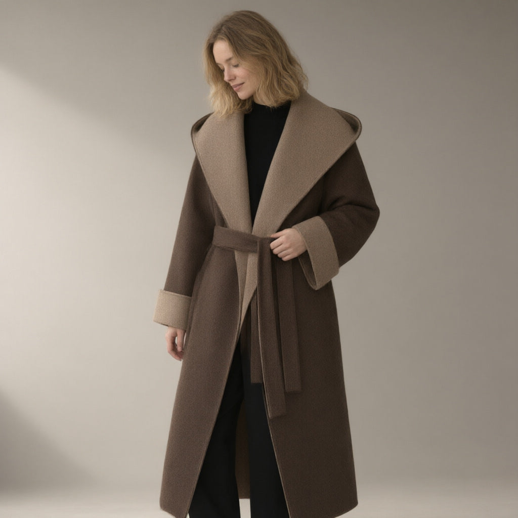 Woman wearing the double-faced wool wrap coat, hooded tie-belt, three-quarter view, studio