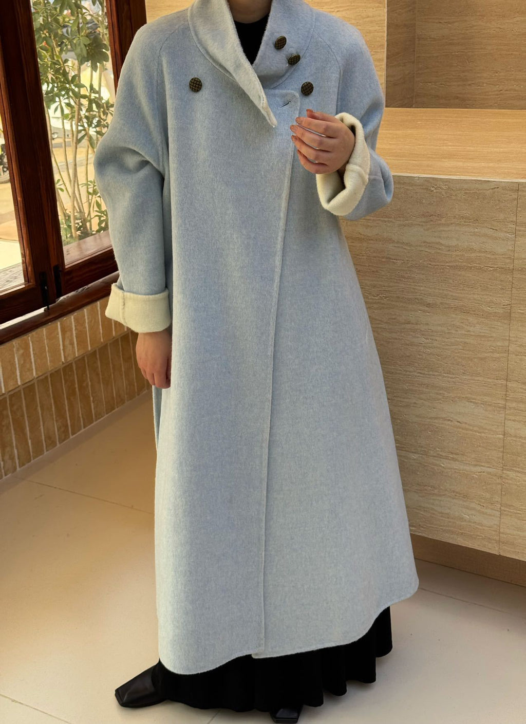 Women's Belted Double-Faced Swing Coat, Funnel Collar in sky blue, front