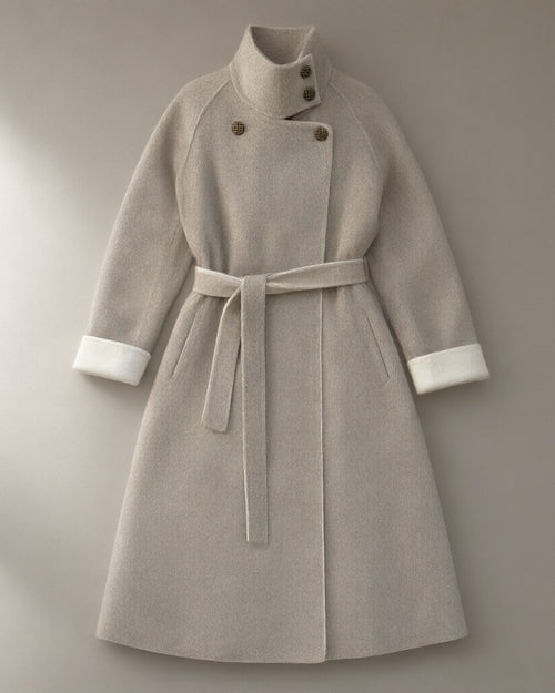 Women’s Belted Double-Faced Swing Coat, Funnel Collar, laid flat on a stone backdrop