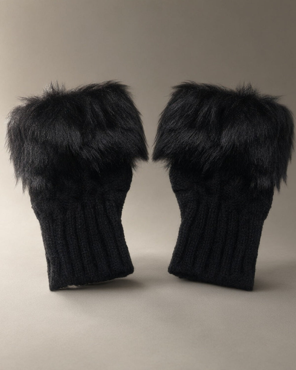 Fingerless Mittens, Faux Fur Cuff, Black