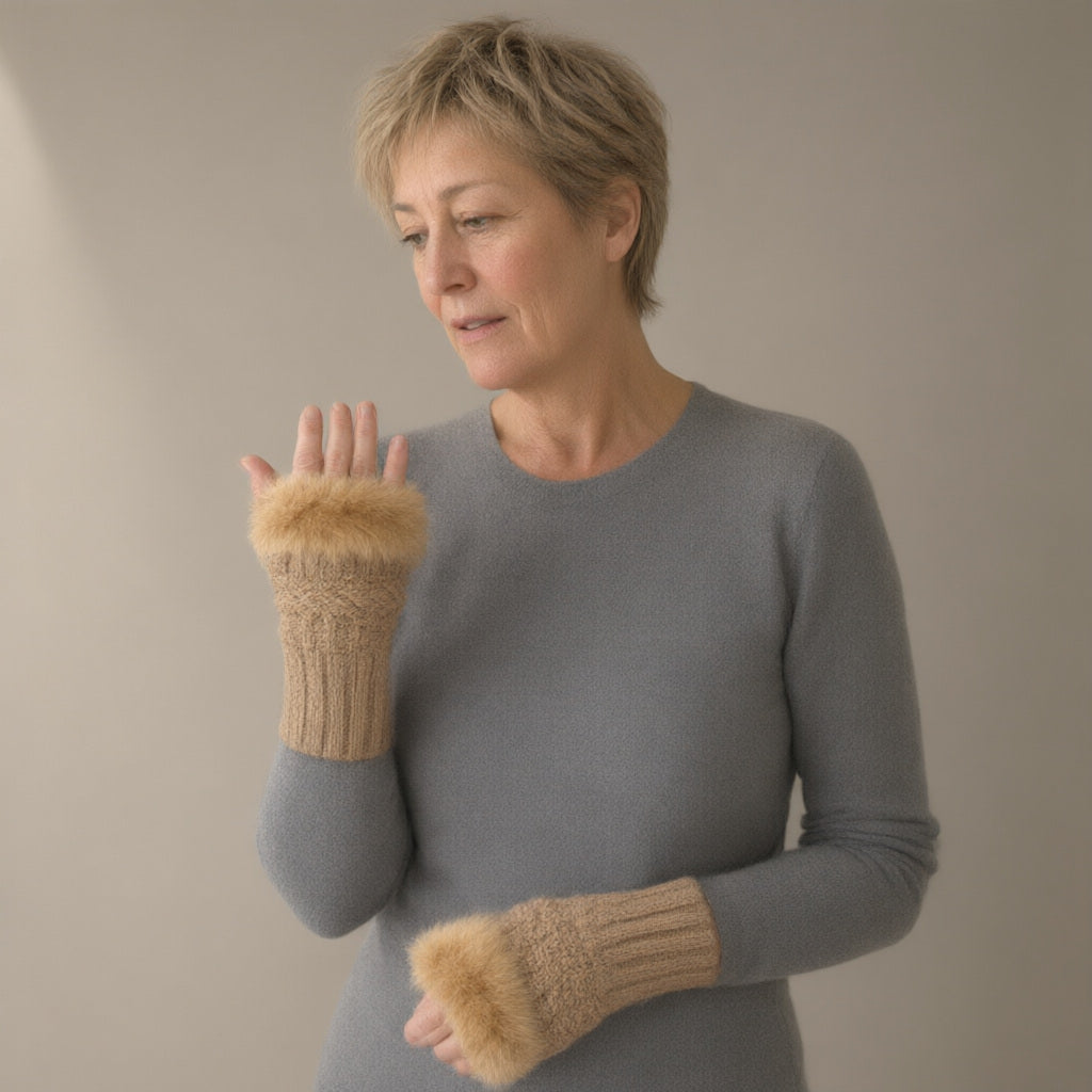 Woman wearing the fingerless mittens, faux fur cuff, three-quarter view, studio