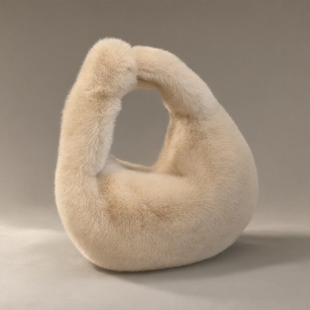 Women’s Faux Fur Dumpling Bag, Top Handle, laid flat on a stone backdrop