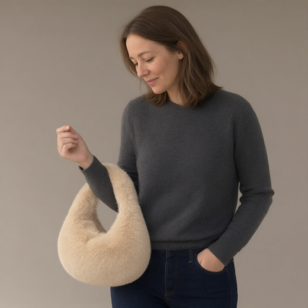 Woman wearing the faux fur dumpling bag, top handle, three-quarter view, studio