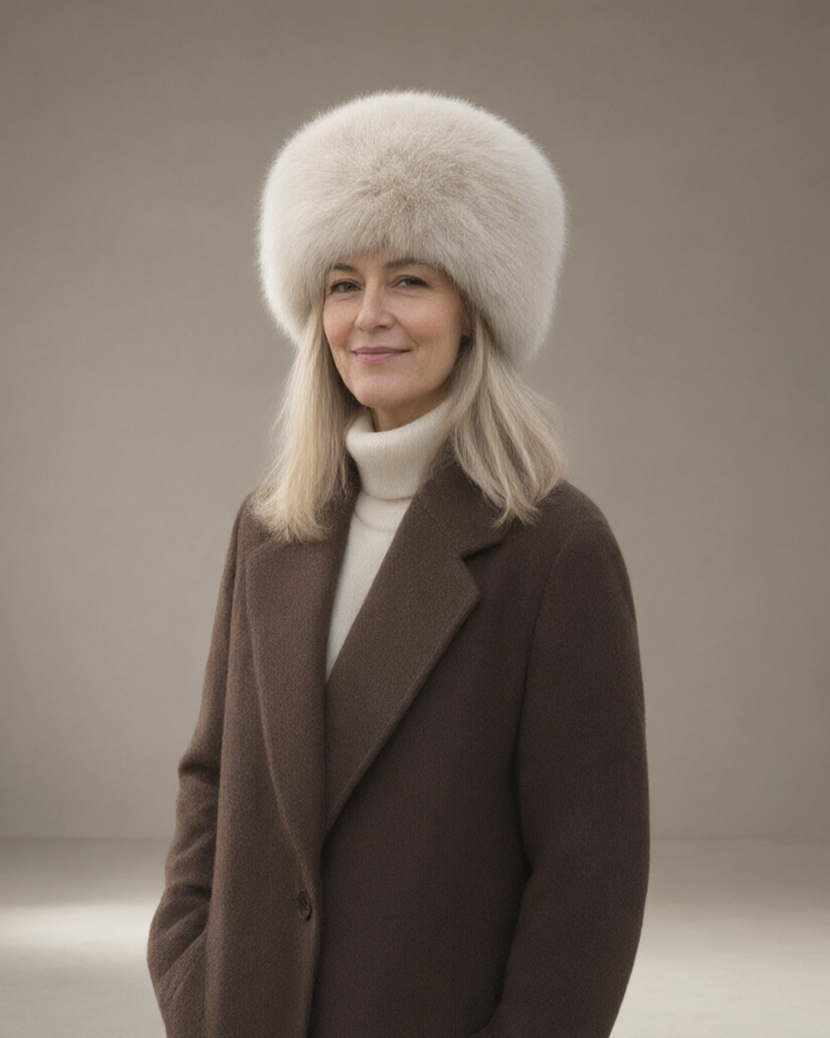 Women's Faux Fur Cossack Hat, White – front, studio