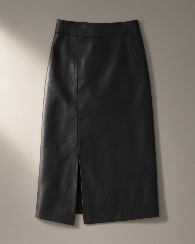 Women’s Faux Leather Midi Skirt, Front Split, laid flat on a stone backdrop
