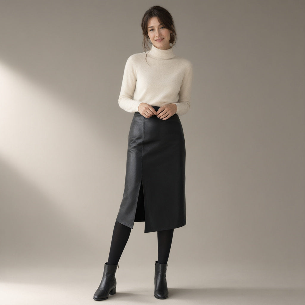 Woman wearing the faux leather midi skirt, front split, full length, studio
