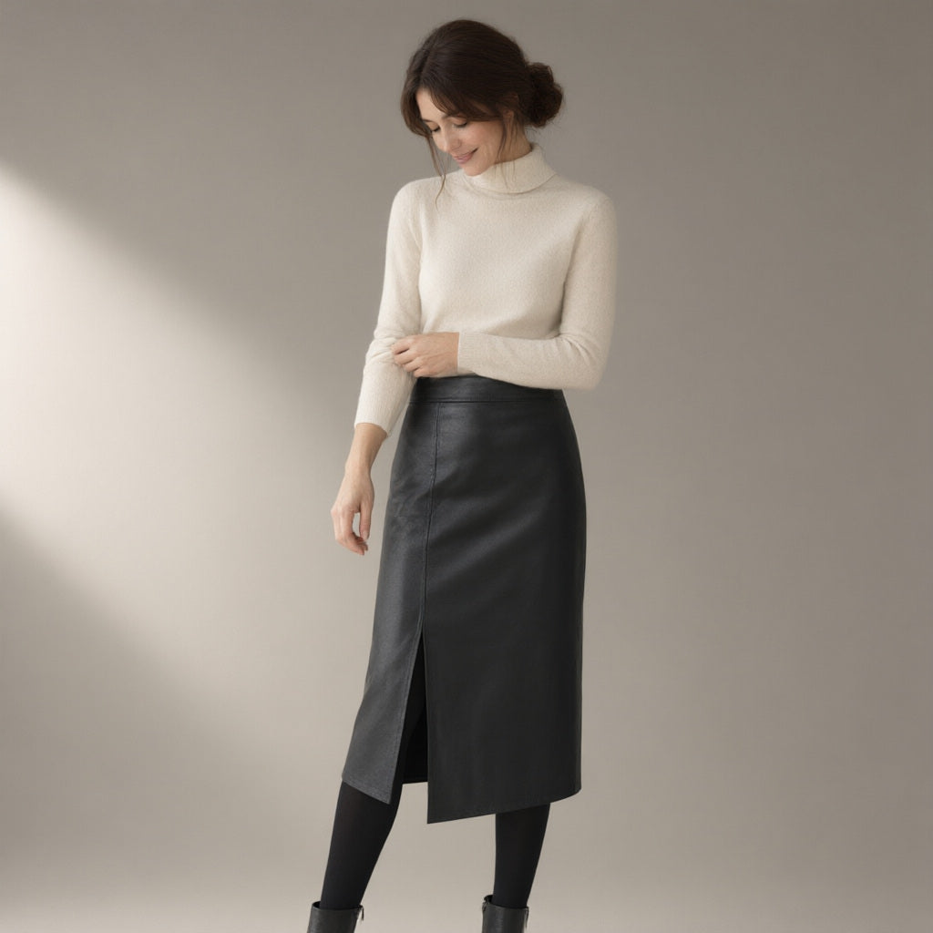 Woman wearing the faux leather midi skirt, front split, three-quarter view, studio