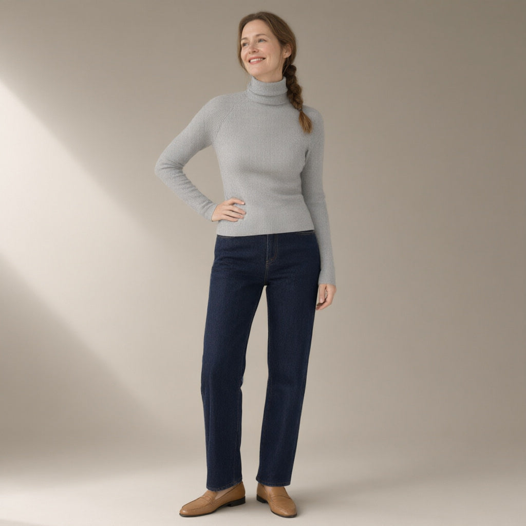 Woman wearing the fitted turtleneck base layer, ribbed knit, full length, studio