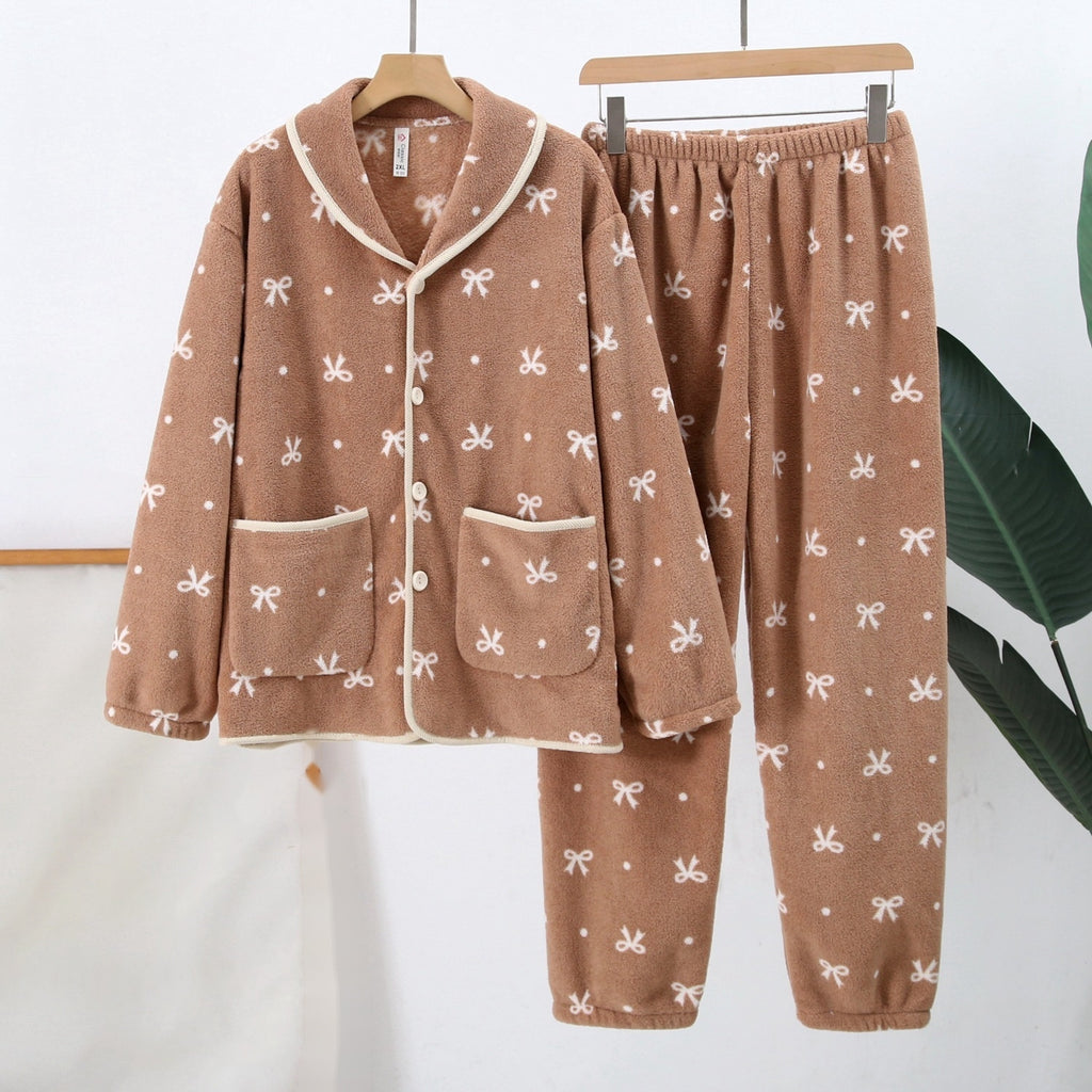 Women’s Flannel Fleece Pyjama Set, Printed in camel bow print, front