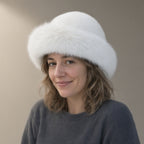 Woman wearing the fluffy faux fur bucket hat, full length, studio