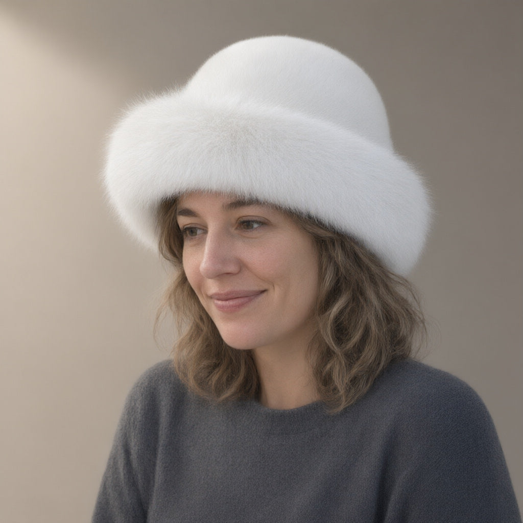 Woman wearing the fluffy faux fur bucket hat, three-quarter view, studio
