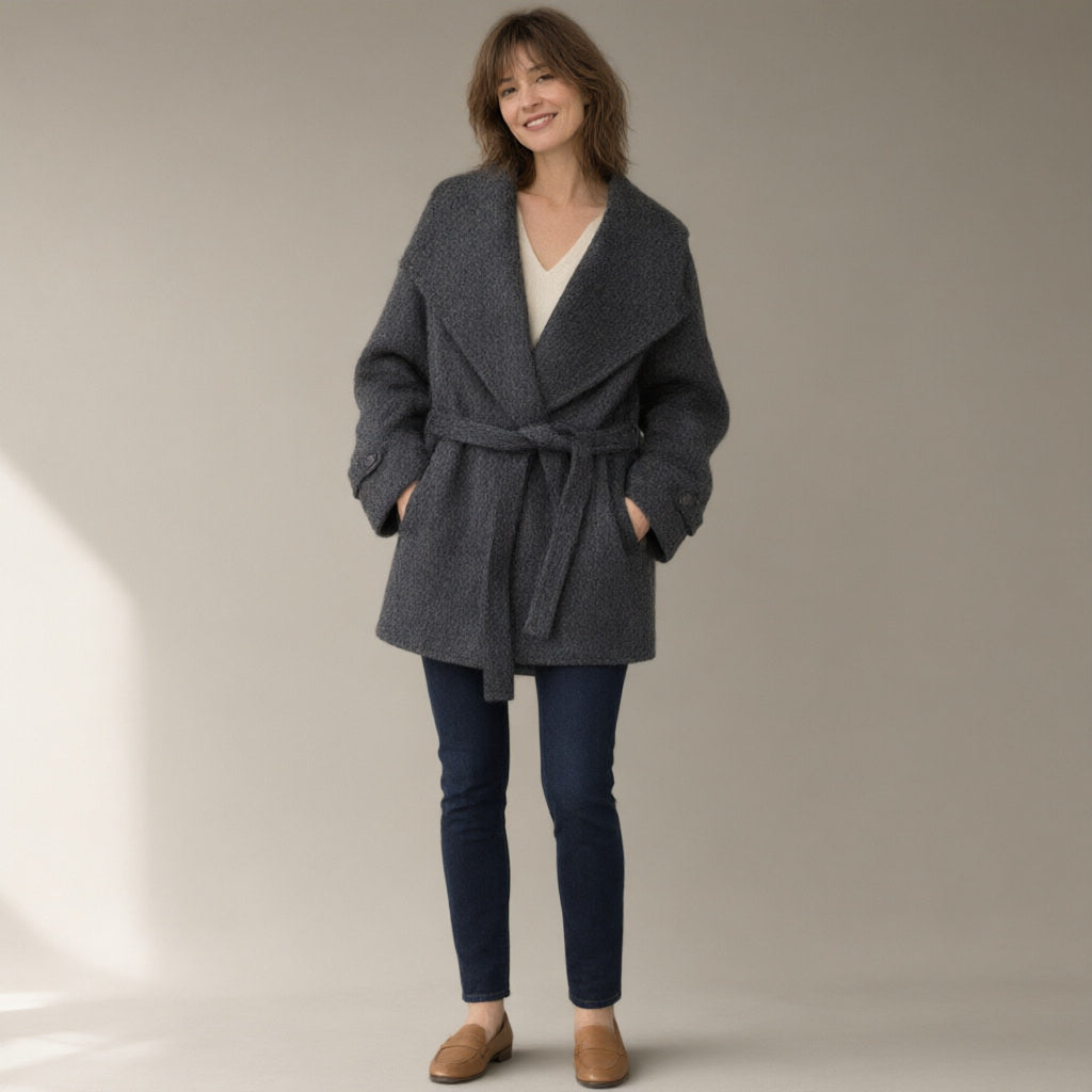 Woman wearing the belted wrap coat, oversized fold collar, full length, studio