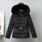 Women's Faux Fur Trim Hooded Puffer Jacket, Belted in black, front