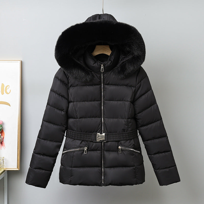 Women's Faux Fur Trim Hooded Puffer Jacket, Belted in black, front
