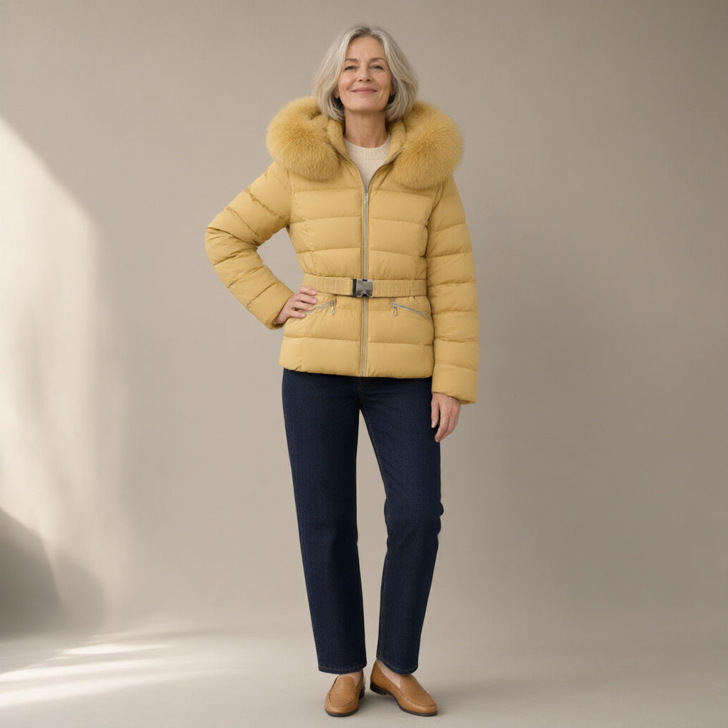 Woman wearing the faux fur trim hooded puffer jacket, belted, full length, studio