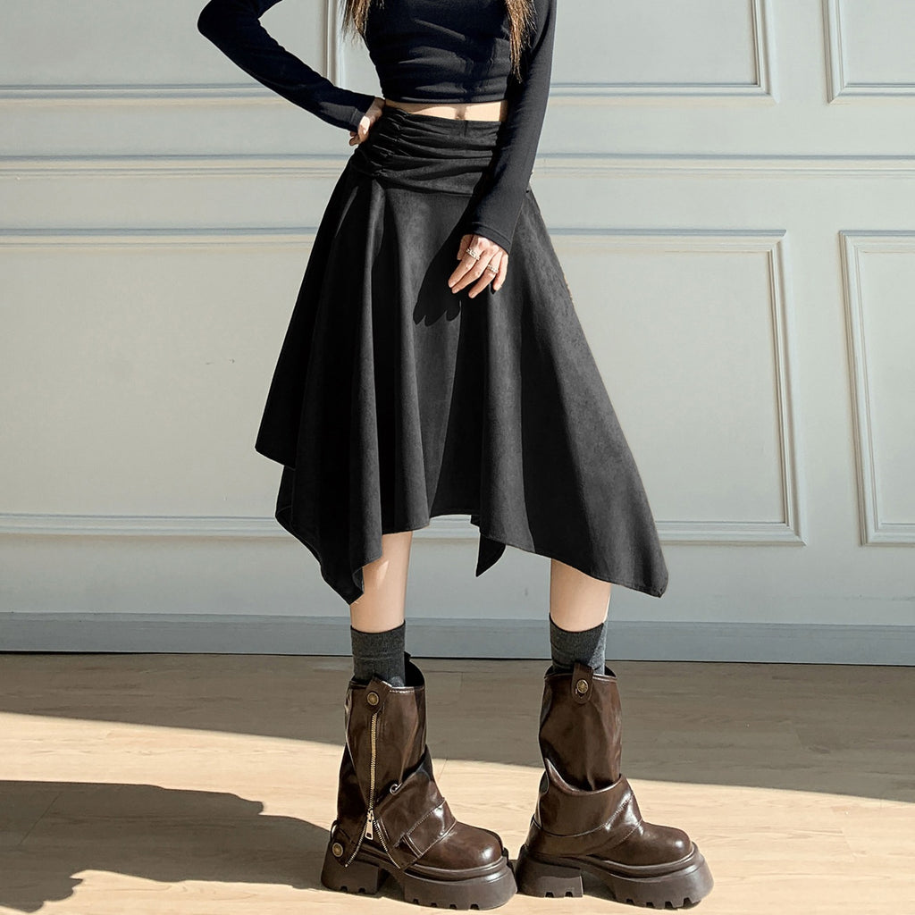 Women's Handkerchief Hem Suede-Look Midi Skirt, Ruched Waist in black, front