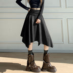Women's Handkerchief Hem Suede-Look Midi Skirt, Ruched Waist in black, front