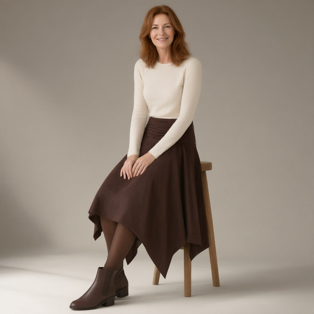 Woman wearing the handkerchief hem suede-look midi skirt, ruched waist, three-quarter view, studio