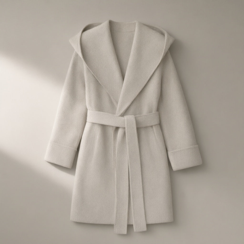 Women’s Hooded Belted Wool Coat, Double-Faced – Off-White, laid flat on a stone backdrop