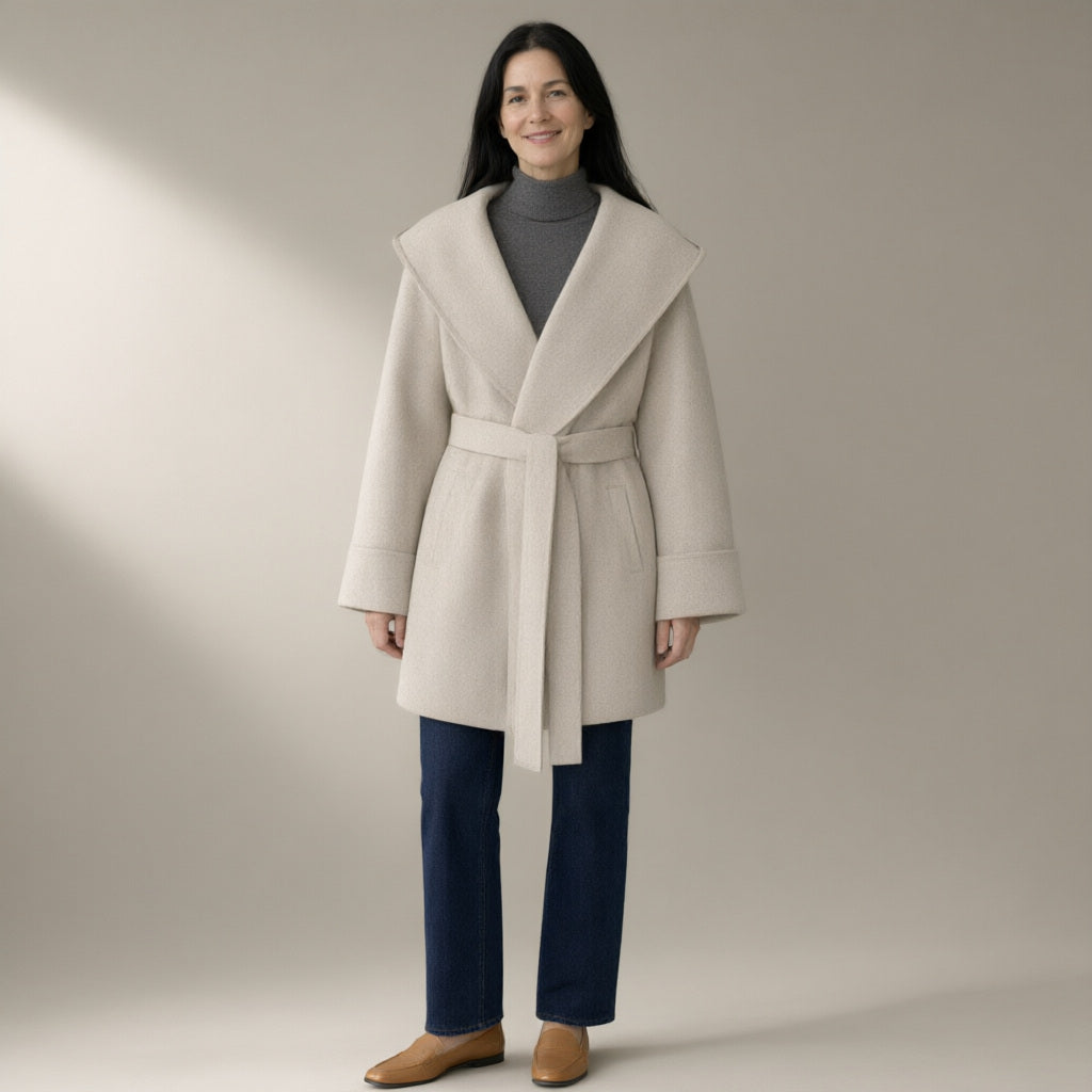 Woman wearing the hooded belted wool coat, double-faced – off-white, full length, studio