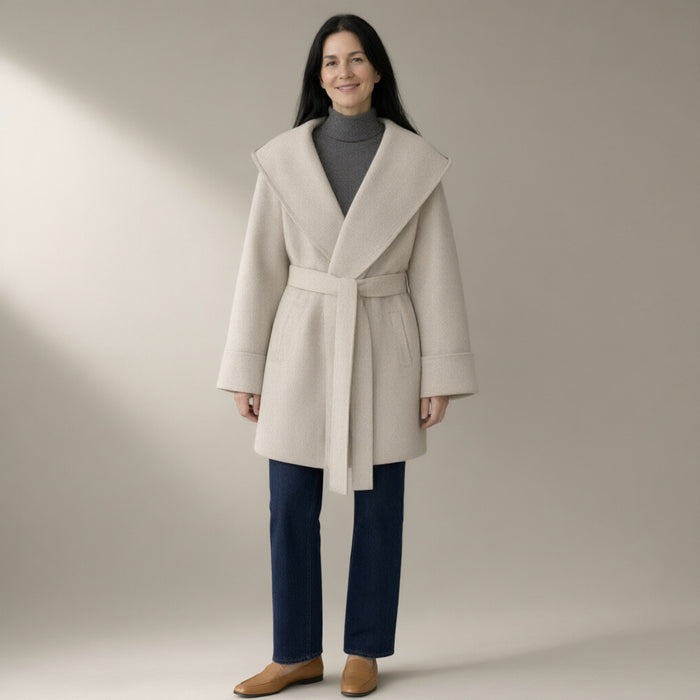Woman wearing the hooded belted wool coat, double-faced – off-white, full length, studio