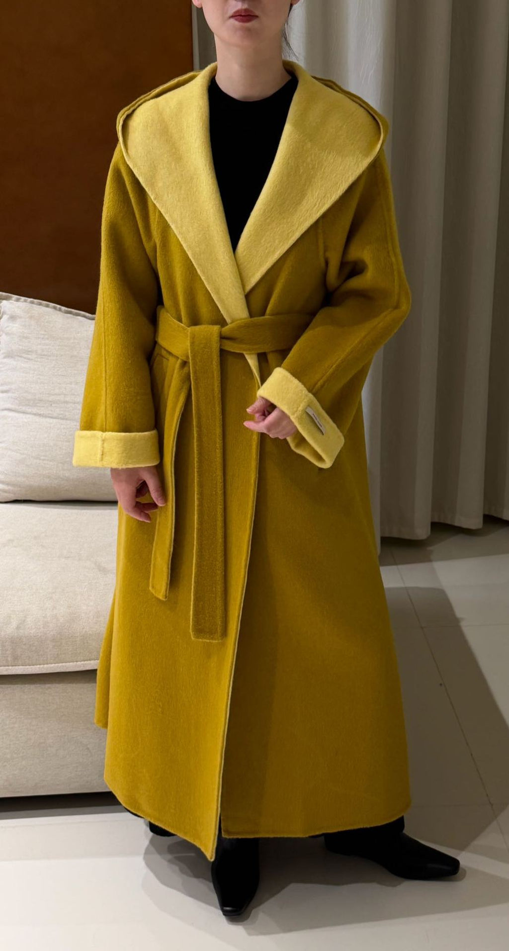 Women's Hooded Colour-Block Wool Coat, Double-Faced in mustard, front