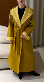 Women's Hooded Colour-Block Wool Coat, Double-Faced in mustard, front