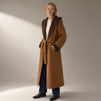 Woman wearing the hooded colour-block wool coat, double-faced, full length, studio