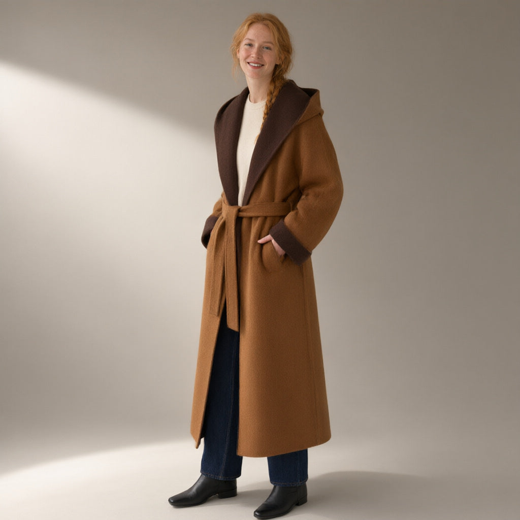 Woman wearing the hooded colour-block wool coat, double-faced, full length, studio