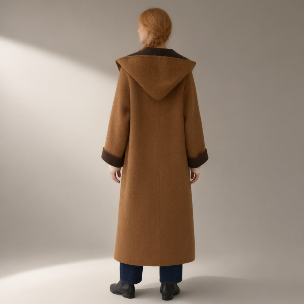 Woman seen from behind wearing the hooded colour-block wool coat, double-faced, back view