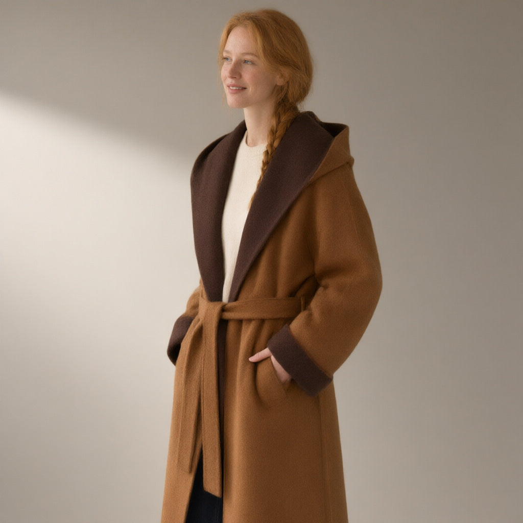 Woman wearing the hooded colour-block wool coat, double-faced, three-quarter view, studio