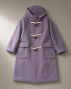 Women’s Hooded Duffle Coat, Toggle Fasten, Double-Faced Wool Blend, laid flat on a stone backdrop