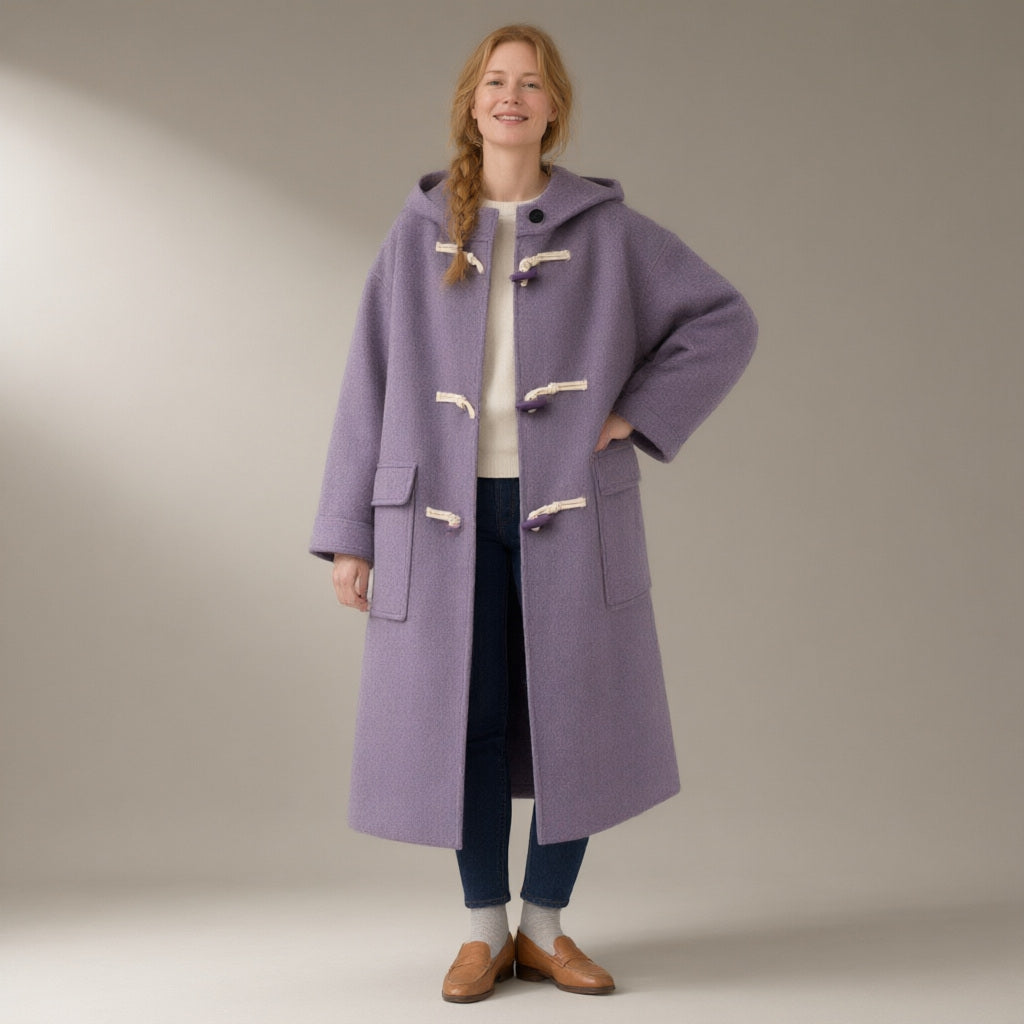 Woman wearing the hooded duffle coat, toggle fasten, double-faced wool blend, full length, studio