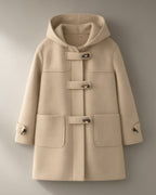 Women’s Horn-Button Hooded Duffle Coat, Wool-Look, laid flat on a stone backdrop