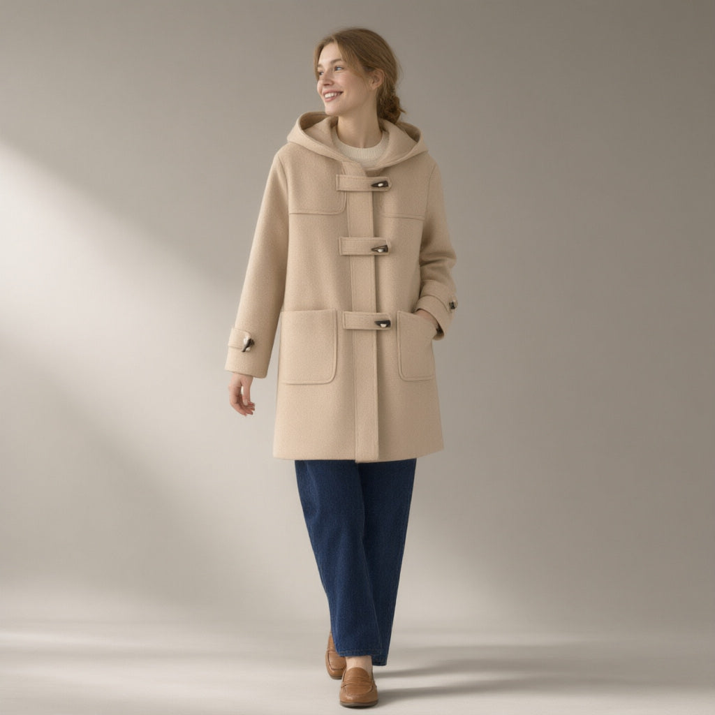 Woman wearing the horn-button hooded duffle coat, wool-look, full length, studio