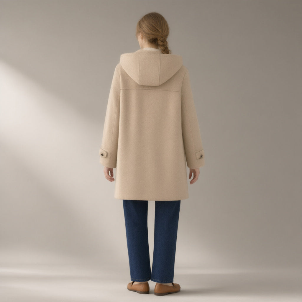 Woman seen from behind wearing the horn-button hooded duffle coat, wool-look, back view