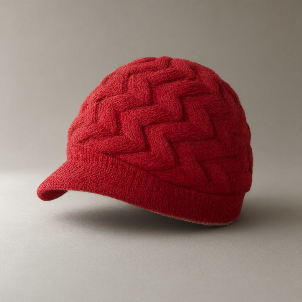 Women’s Knit Brim Beret, laid flat on a stone backdrop