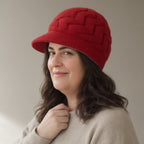 Woman wearing the knit brim beret, full length, studio