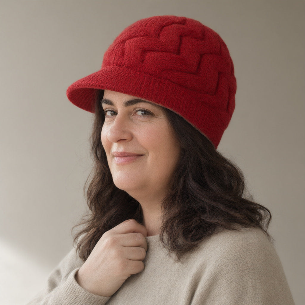 Woman wearing the knit brim beret, full length, studio