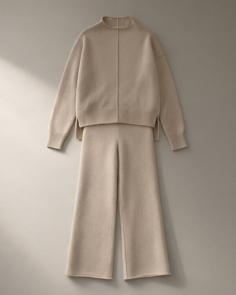 Women’s Knit Jumper & Wide-Leg Trouser Set – Oatmeal, laid flat on a stone backdrop