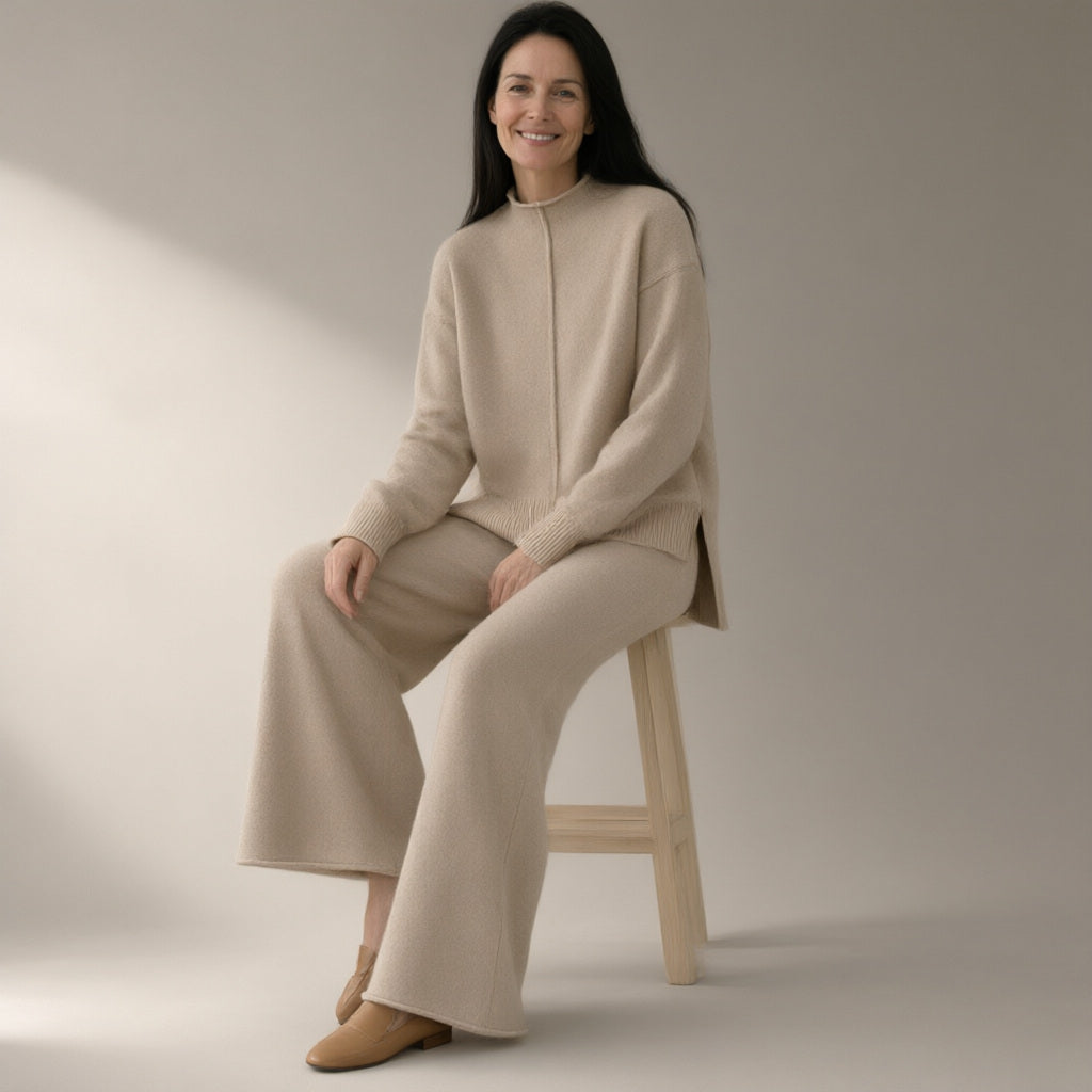 Woman wearing the knit jumper & wide-leg trouser set – oatmeal, full length, studio