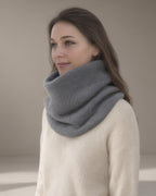 Women's Knitted Fleece-Lined Snood, Pull-On Neck Warmer, Grey – front, studio