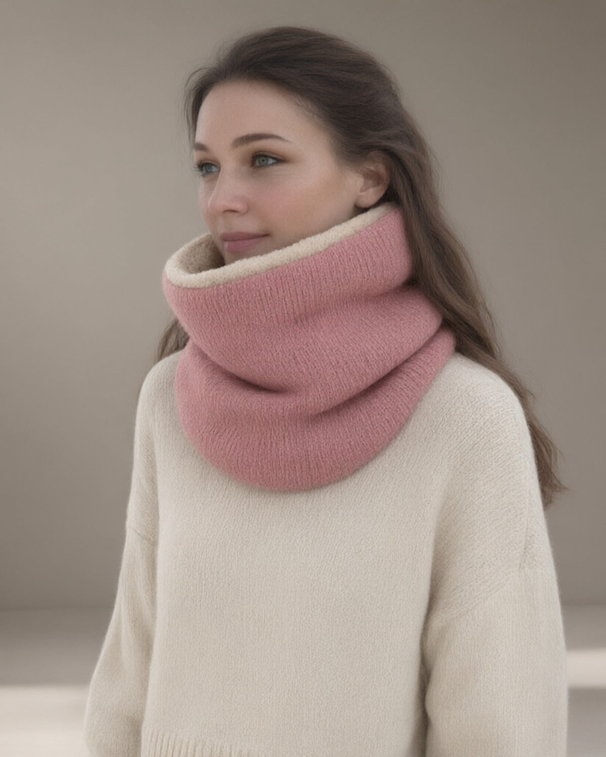 Women's Knitted Fleece-Lined Snood, Pull-On Neck Warmer, Pink – front, studio