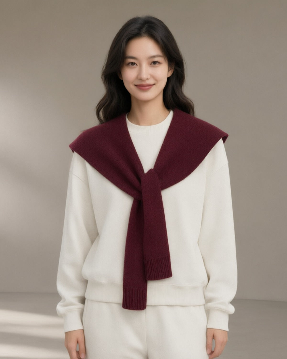 Women's Knitted Pull-Through Collar Wrap, Burgundy – front, studio