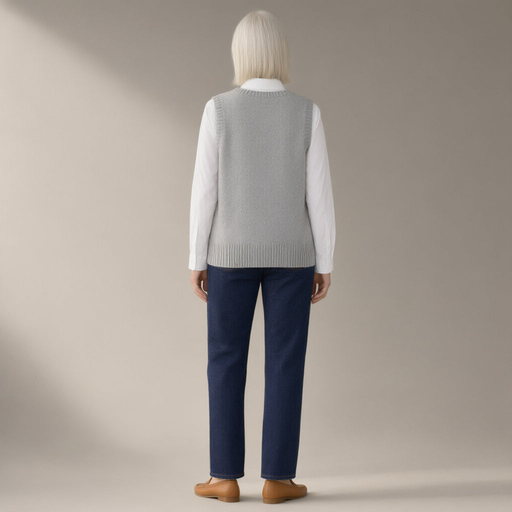 Woman seen from behind wearing the knitted v-neck sweater vest, back view